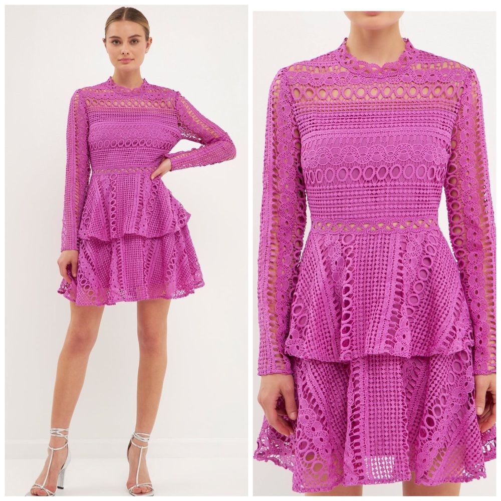 NWT Endless Rose Fuchsia Crochet Lace Peplum Mini Dress Large L Wedding Guest